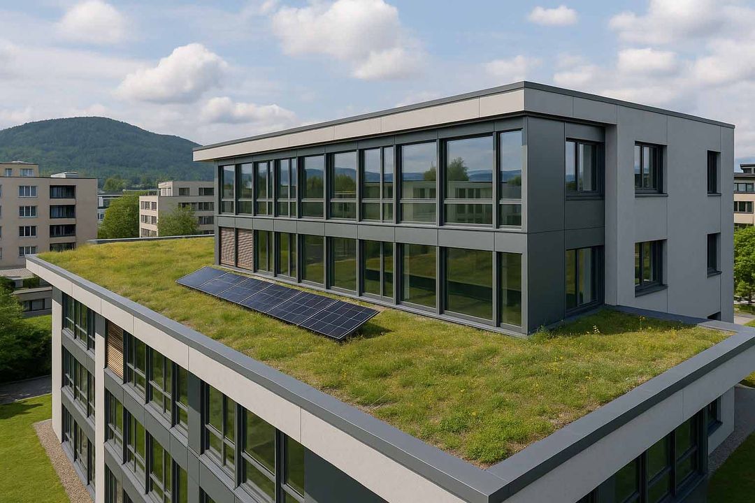 Mehrfamilienhaus mit begrüntem Flachdach und Solaranlage
